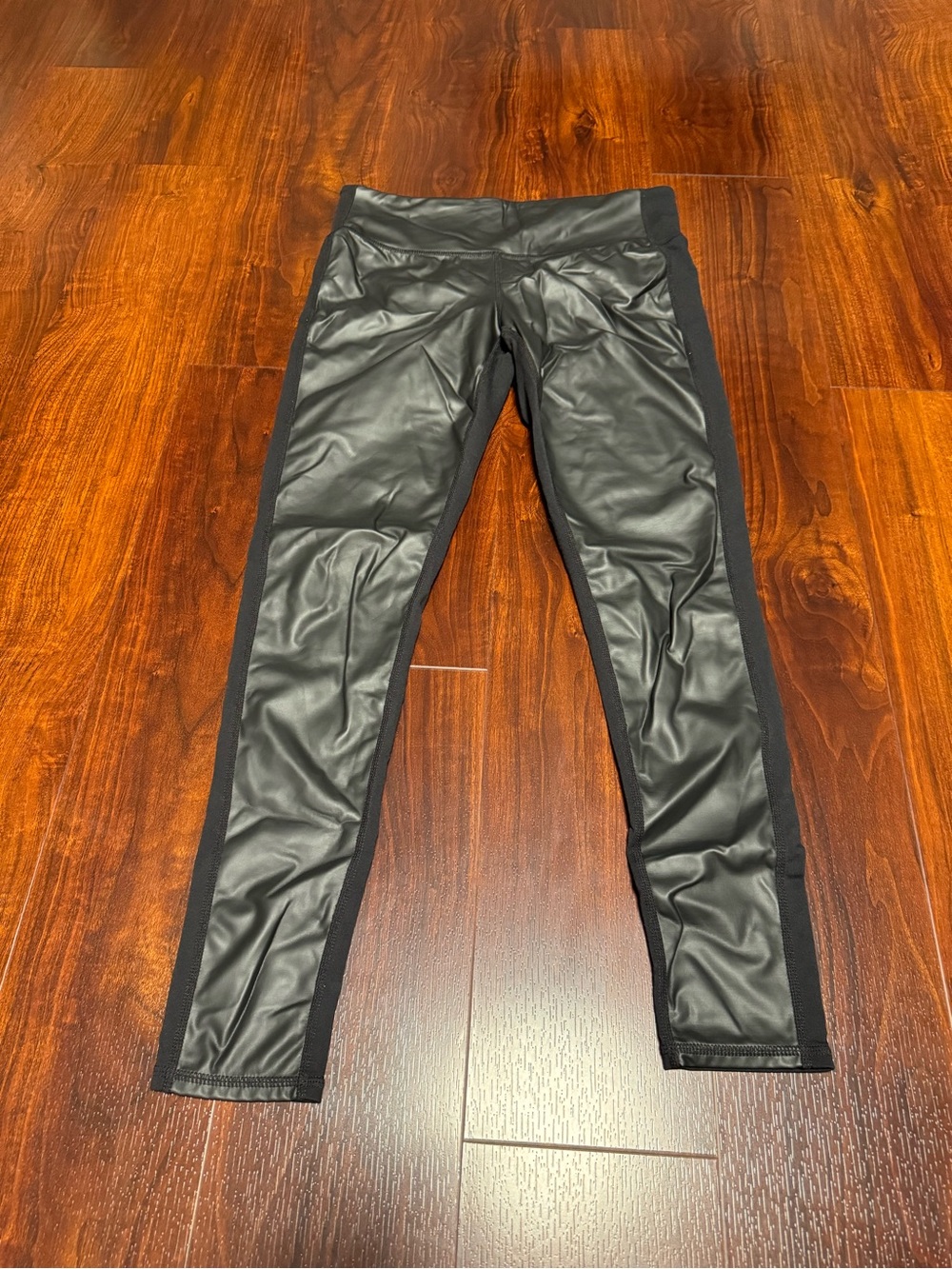 Athletic Black Leggings with Matte Faux Leather Panels